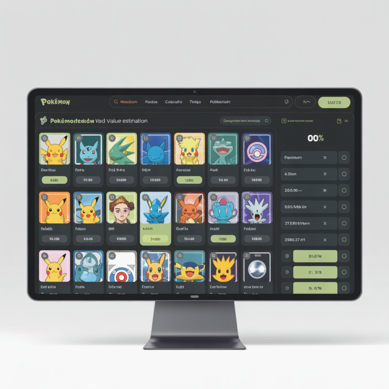 Écran d'ordinateur affichant un site d'estimation de valeur de cartes Pokémon avec interface de calculatrice interactive et images de cartes détaillées