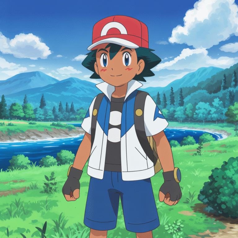 Jeune dresseur dans une région Pokémon colorée avec designs Pokémon génération 7 et interface de jeu photoréaliste