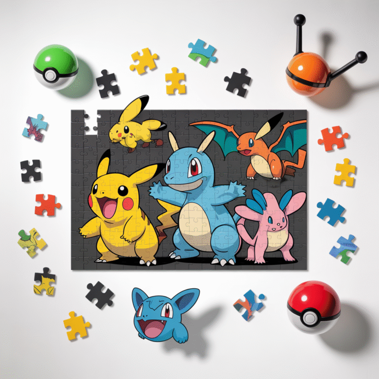 Puzzle photoréaliste en assemblage avec pièces dispersées montrant plusieurs Pokémon emblématiques aux couleurs vives