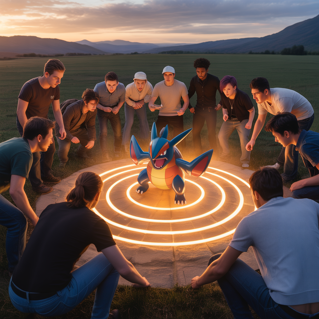 Group of diverse players around a glowing Pokémon Arena with a powerful Raid Boss at sunset