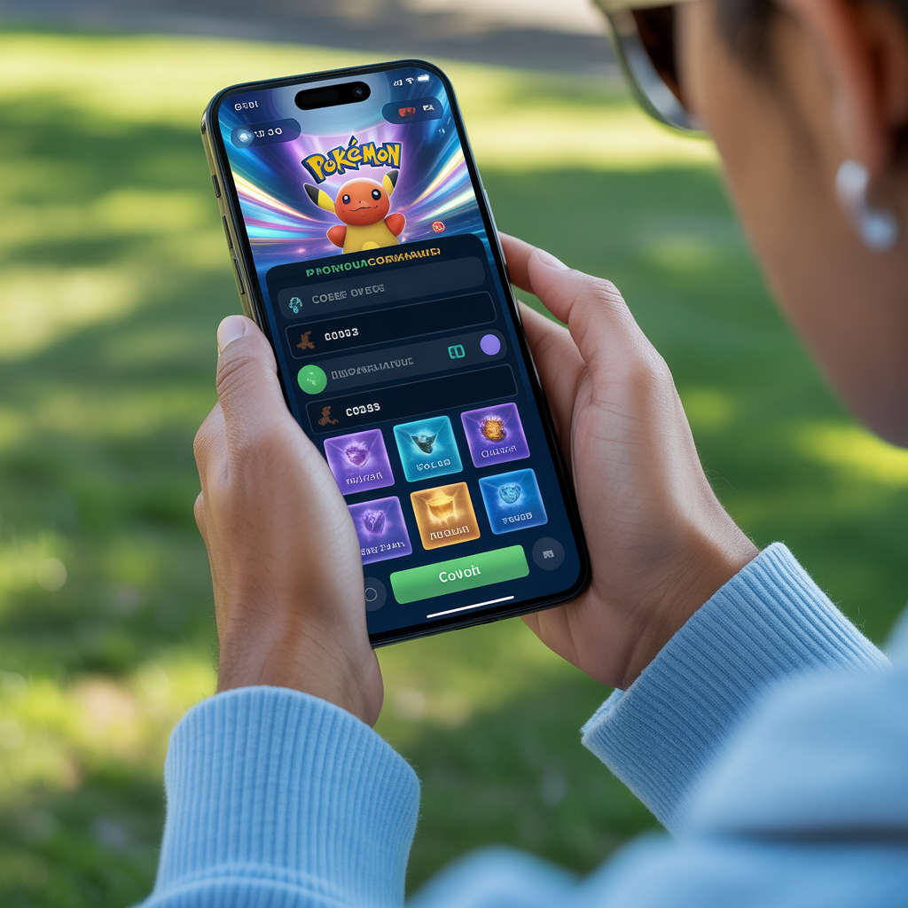 Person holding smartphone showing colorful Pokémon card game with code input and rewards icons