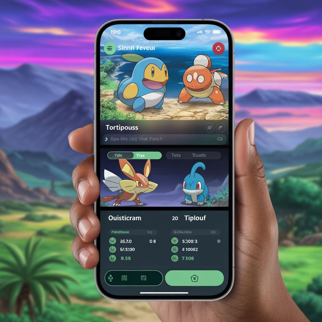 Écran Pokédex de la région de Sinnoh affichant Tortipouss, Ouisticram et Tiplouf avec types et statistiques