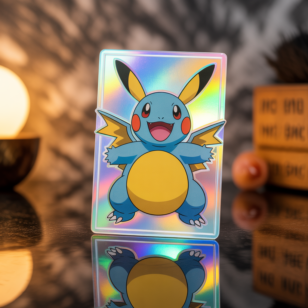 Close-up of a rare holographic Pokémon card on a reflective surface with warm lighting highlighting its texture and shimmer