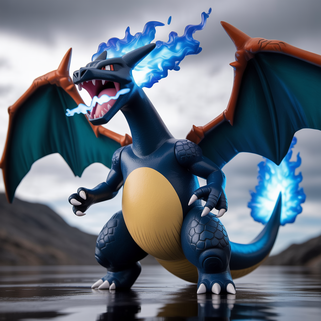 Mega Charizard X en pleine Méga-Évolution avec peau sombre et flammes bleues photoréalistes