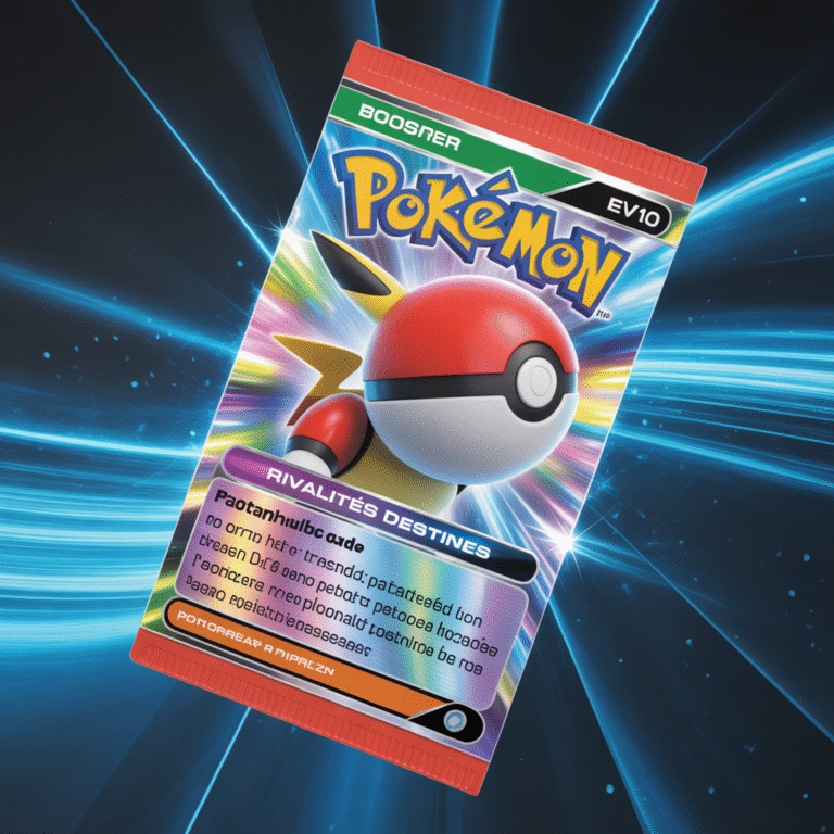 Gros plan photoréaliste du booster Pokémon EV10 Rivalités Destinées avec éclairage dynamique et couleurs vives
