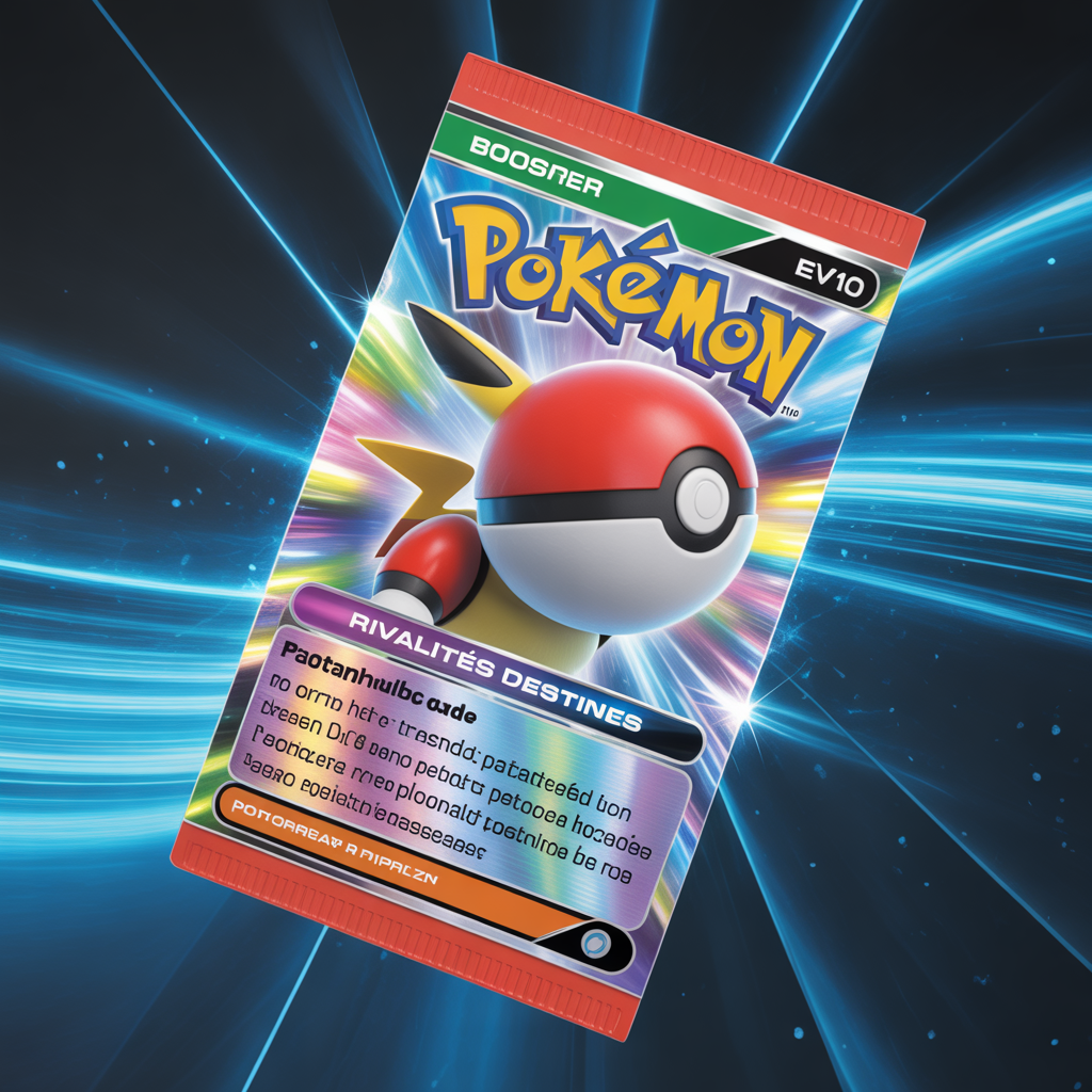 Gros plan photoréaliste du booster Pokémon EV10 Rivalités Destinées avec éclairage dynamique et couleurs vives