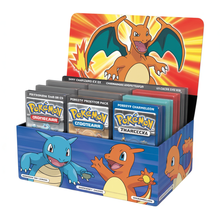 Boîte collector Pokémon premium avec carte Charizard EX brillante, cartes Charmander et Charmeleon brillantes, six boosters, protège-cartes magnétique et 65 pochettes