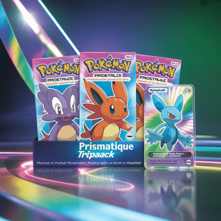 Pack Pokémon EV8.5 Prismatique Tripack avec trois boosters colorés et carte promo brillante Phyllali, Givrali ou Nymphali