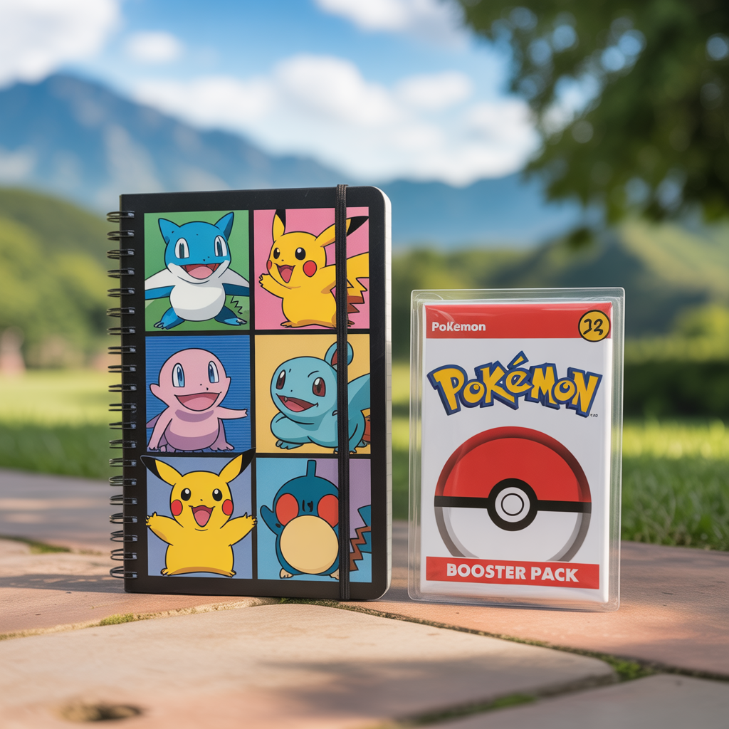 Cahier illustré de Pokémon colorés à côté d'un booster Pokémon scellé en photo réaliste