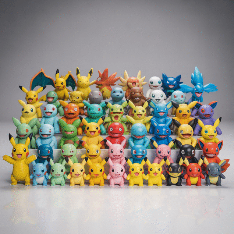 Figurines Pokémon colorées et détaillées de plusieurs générations alignées sur fond neutre