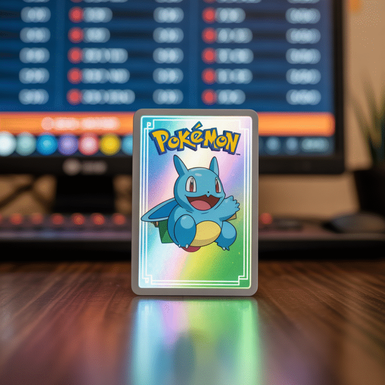 Close-up of rare holographic Pokémon card on wooden table with blurred computer screen in background