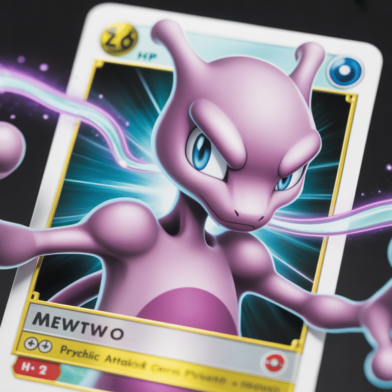 Carte Pokémon Mewtwo en gros plan photoréaliste avec aura psychique, icônes HP et attaques visibles