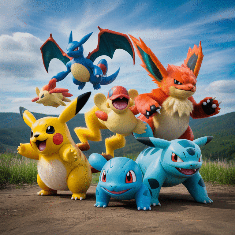 Six Pokémon divers posant en plein air avec éclairage naturel, montrant des rôles comme défenseur, attaquant et supporteur, style photoréaliste