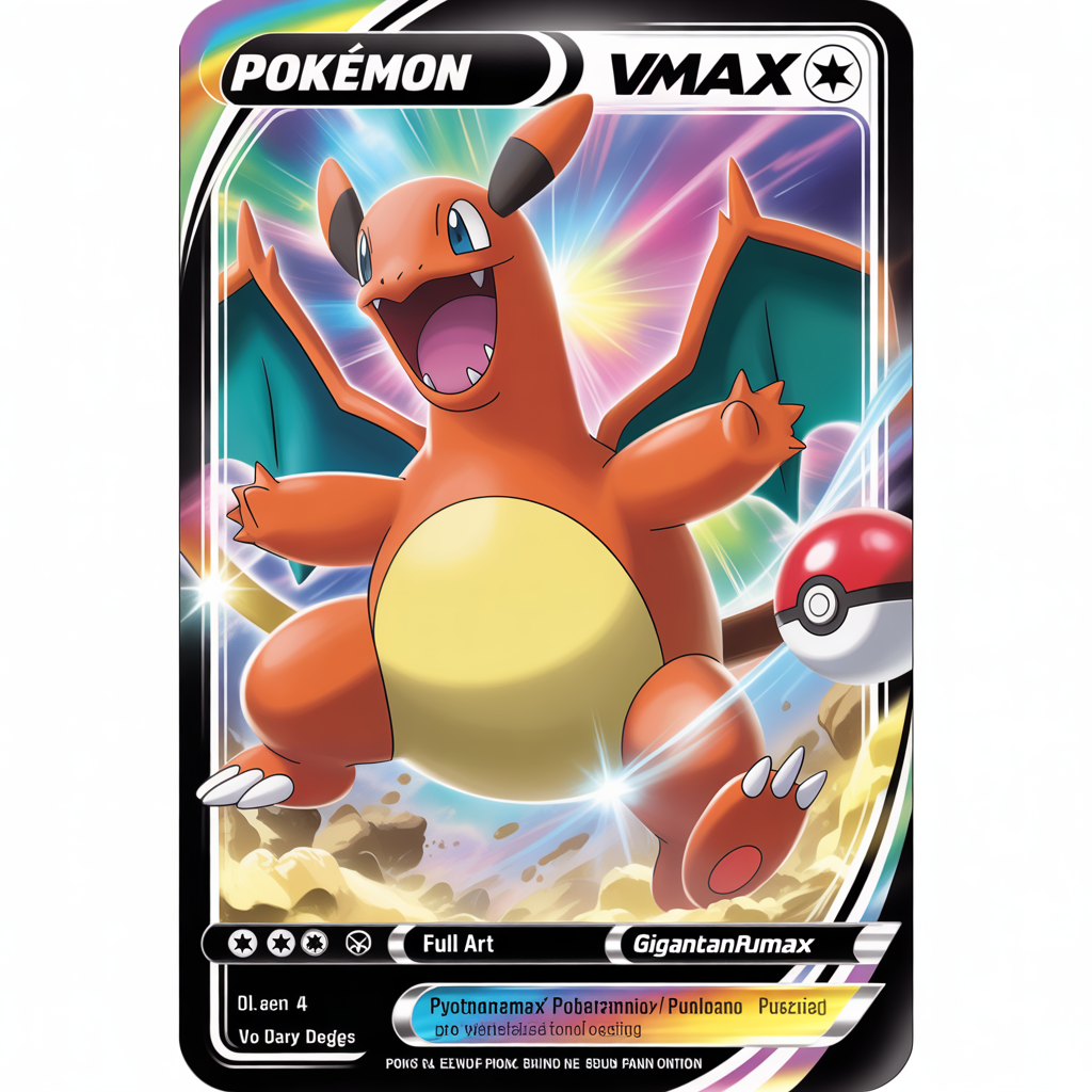 Carte Pokémon VMAX avec Pokémon Dynamax/Gigantamax débordant, bord noir élégant et logo VMAX arc-en-ciel