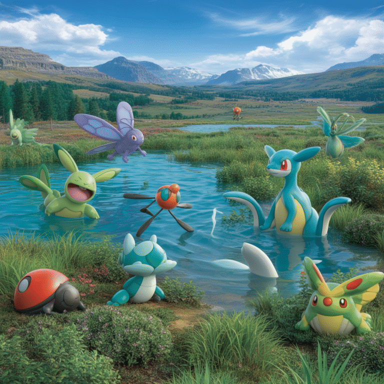 Plusieurs Pokémon de type plante, eau et insecte dans un paysage naturel photoréaliste avec végétation luxuriante et eau claire