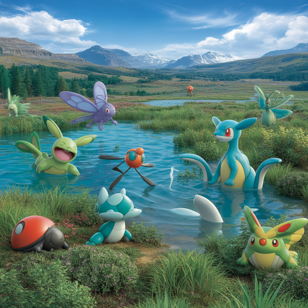 Plusieurs Pokémon de type plante, eau et insecte dans un paysage naturel photoréaliste avec végétation luxuriante et eau claire