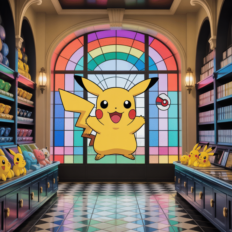 Intérieur photoréaliste du Pokémon Center Paris avec vitraux Pikachu colorés et murs art déco élégants