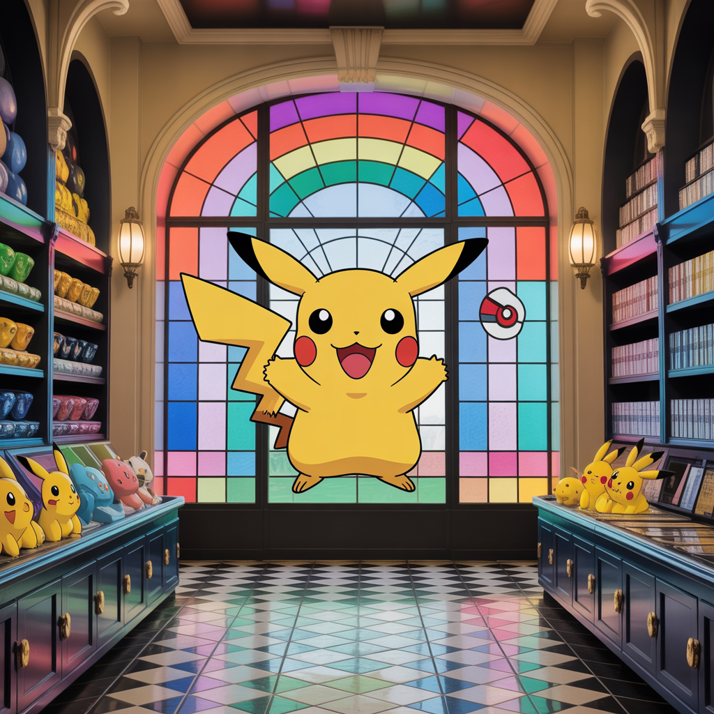 Intérieur photoréaliste du Pokémon Center Paris avec vitraux Pikachu colorés et murs art déco élégants