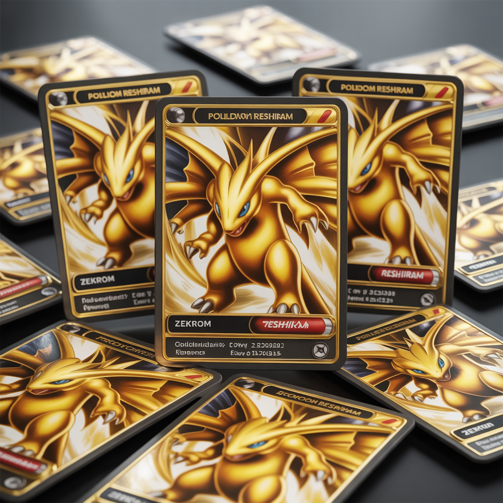Cartes Pokémon dorées photoréalistes de Zekrom et Reshiram avec reflets métalliques et surfaces embossées