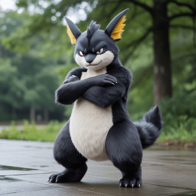 Ixon Pokémon au pelage noir et blanc, posture menaçante avec les bras croisés et regard intense