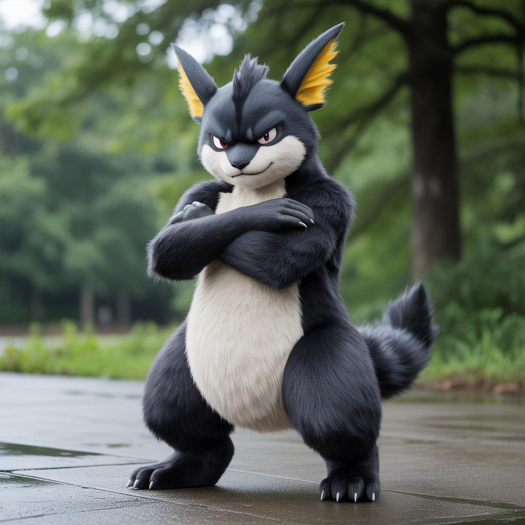 Ixon Pokémon au pelage noir et blanc, posture menaçante avec les bras croisés et regard intense