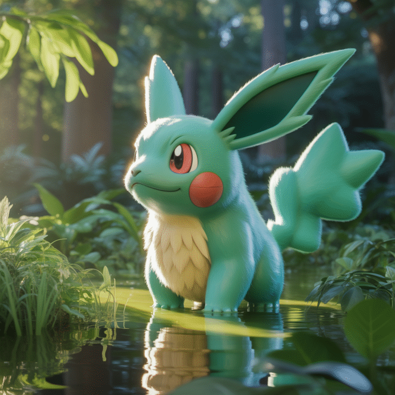 Créature Pokémon photoréaliste dans une forêt verte luxuriante avec lumière naturelle filtrant à travers les feuilles
