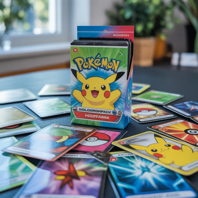 Pack booster Pokémon ouvert avec cartes rares, holographiques et communes éparpillées sur une table sous une lumière naturelle