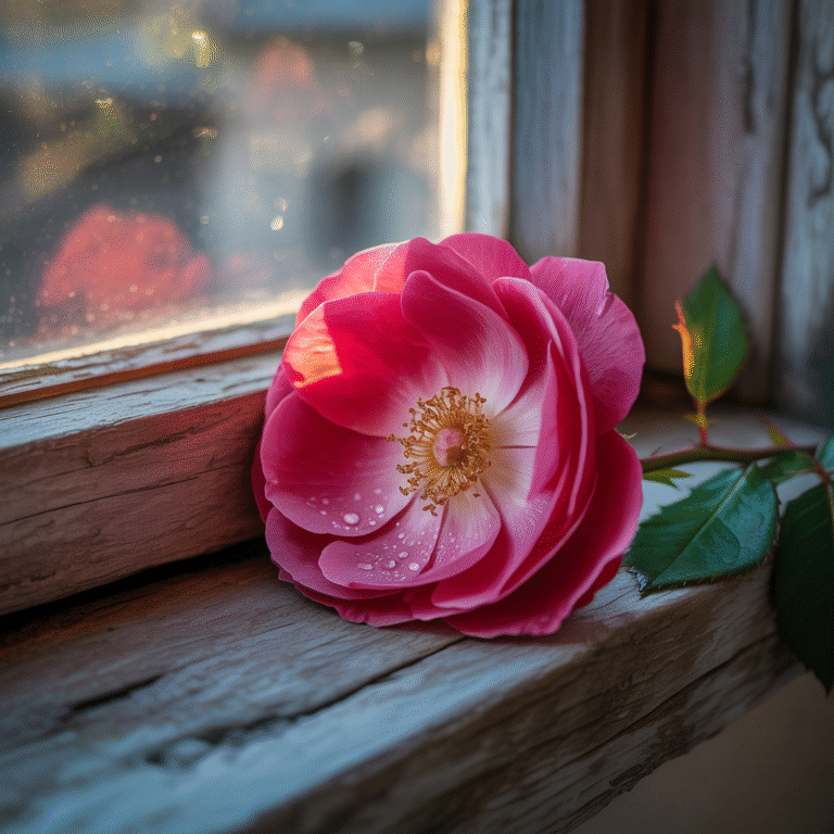 Rose cramoisie veloutée avec pétales ouverts et gouttes d'eau sur un rebord de fenêtre en bois, éclairée par la lumière du soleil