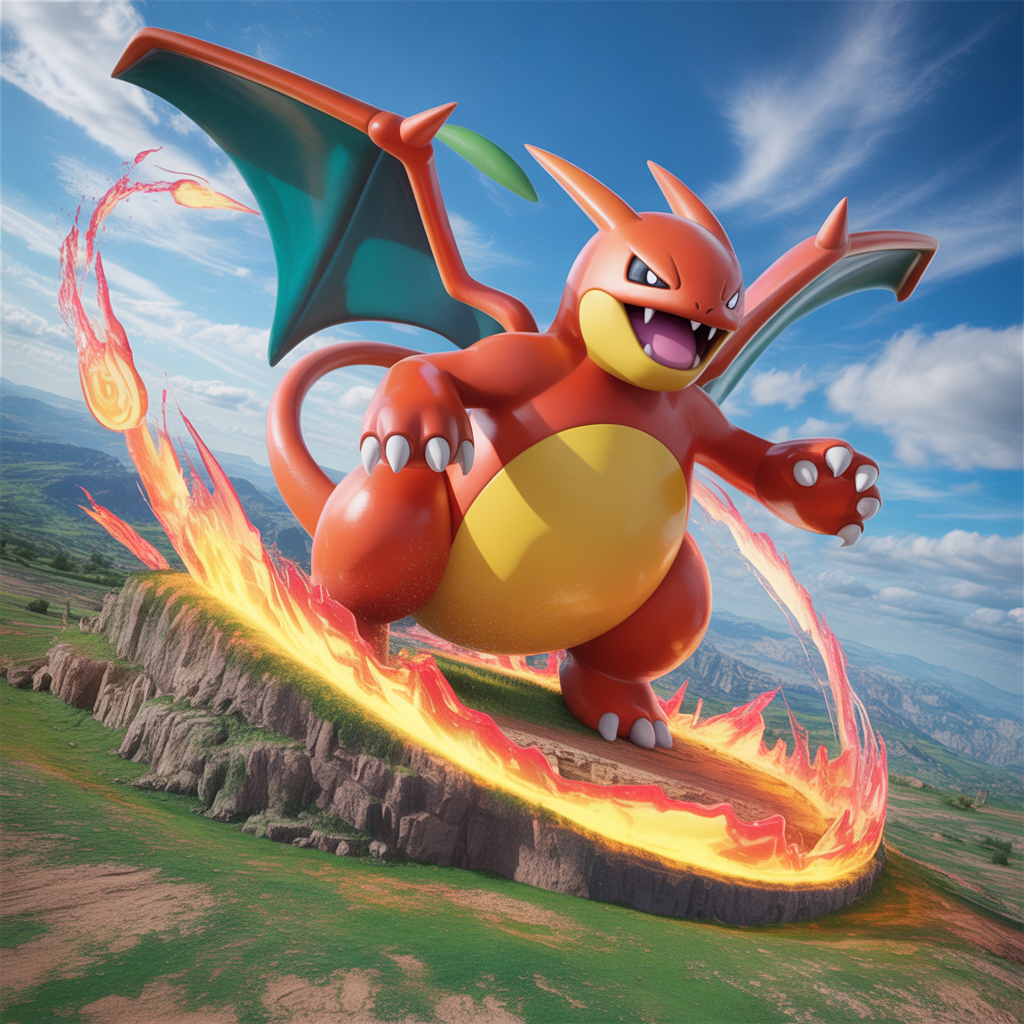 Photorealistic giant Pokémon card showing an iconic Pokémon in vibrant battle scene with dynamic effects