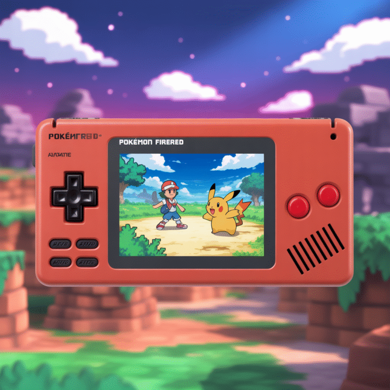 Écran de Game Boy Advance affichant le gameplay de Pokémon FireRed en pixel art rétro vibrant