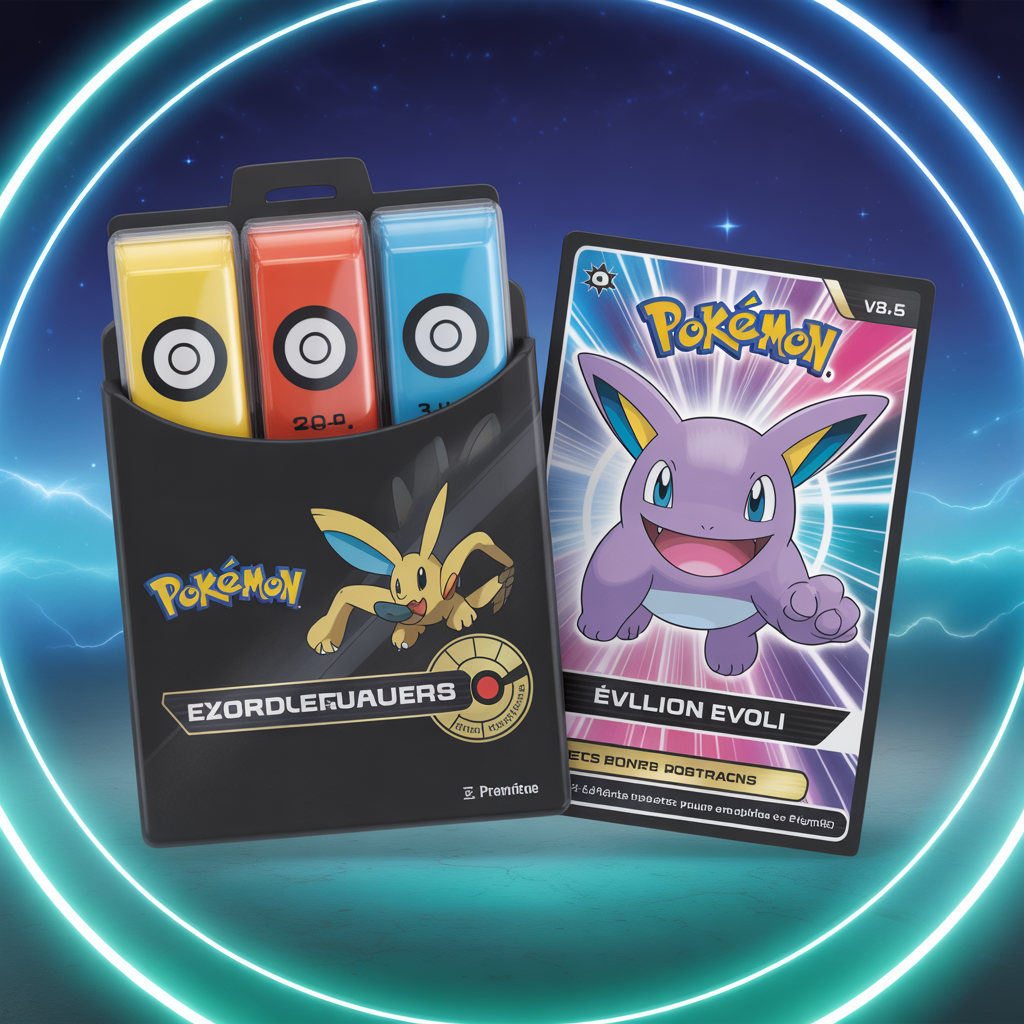 Tripack Pokémon EV8.5 avec trois boosters colorés et carte promo brillante Évoli sur fond arc-en-ciel