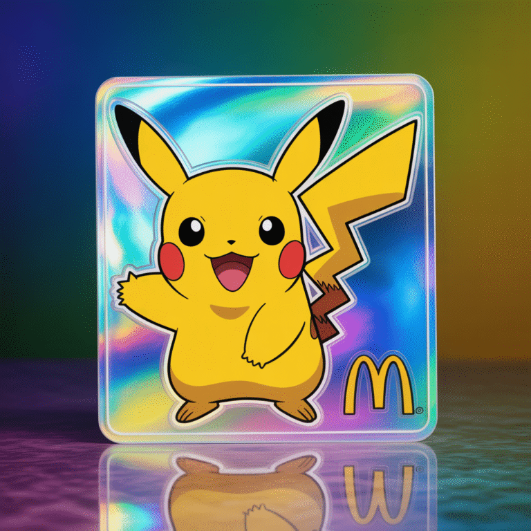 Close-up of an exclusive holographic Pikachu Pokémon card with embossed McDonald's logo and vibrant reflective surface