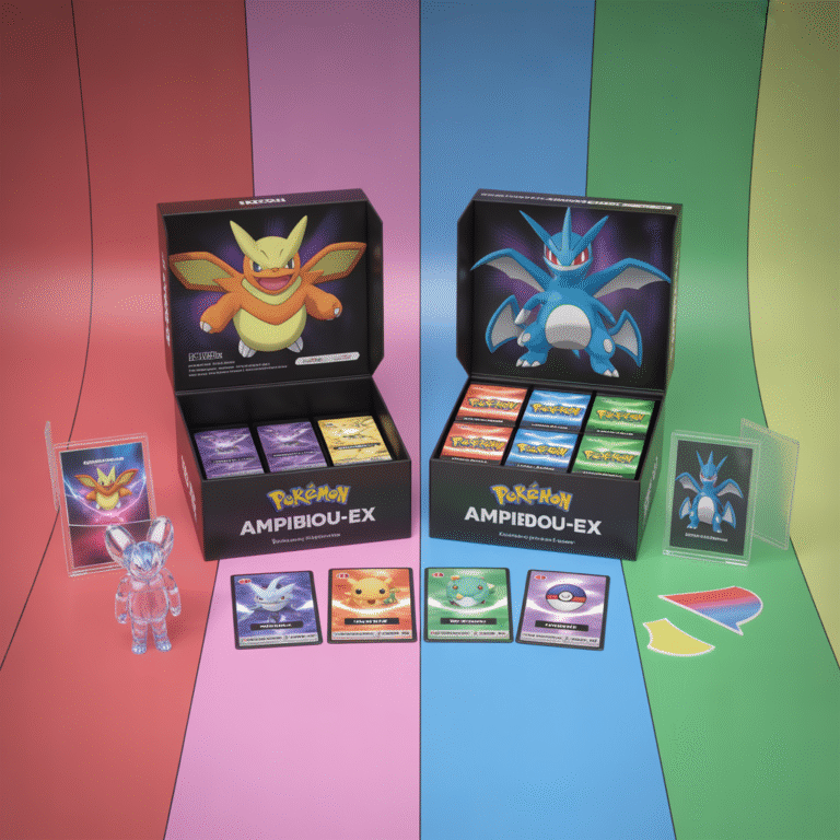Boîte collector Pokémon Ampibidou-ex avec cartes brillantes, figurines en acrylique et six boosters