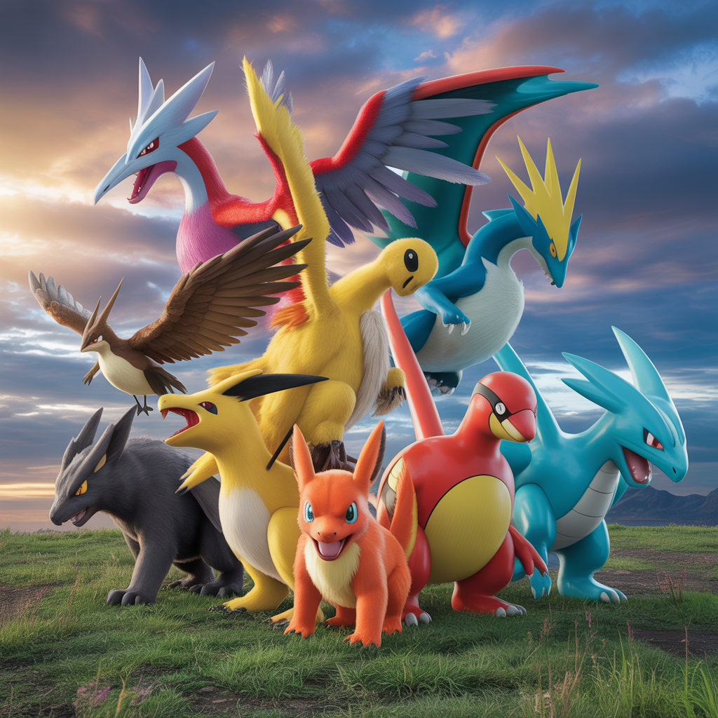 Photorealistic group of legendary Pokémon including birds, cosmic guardians, and dragons
