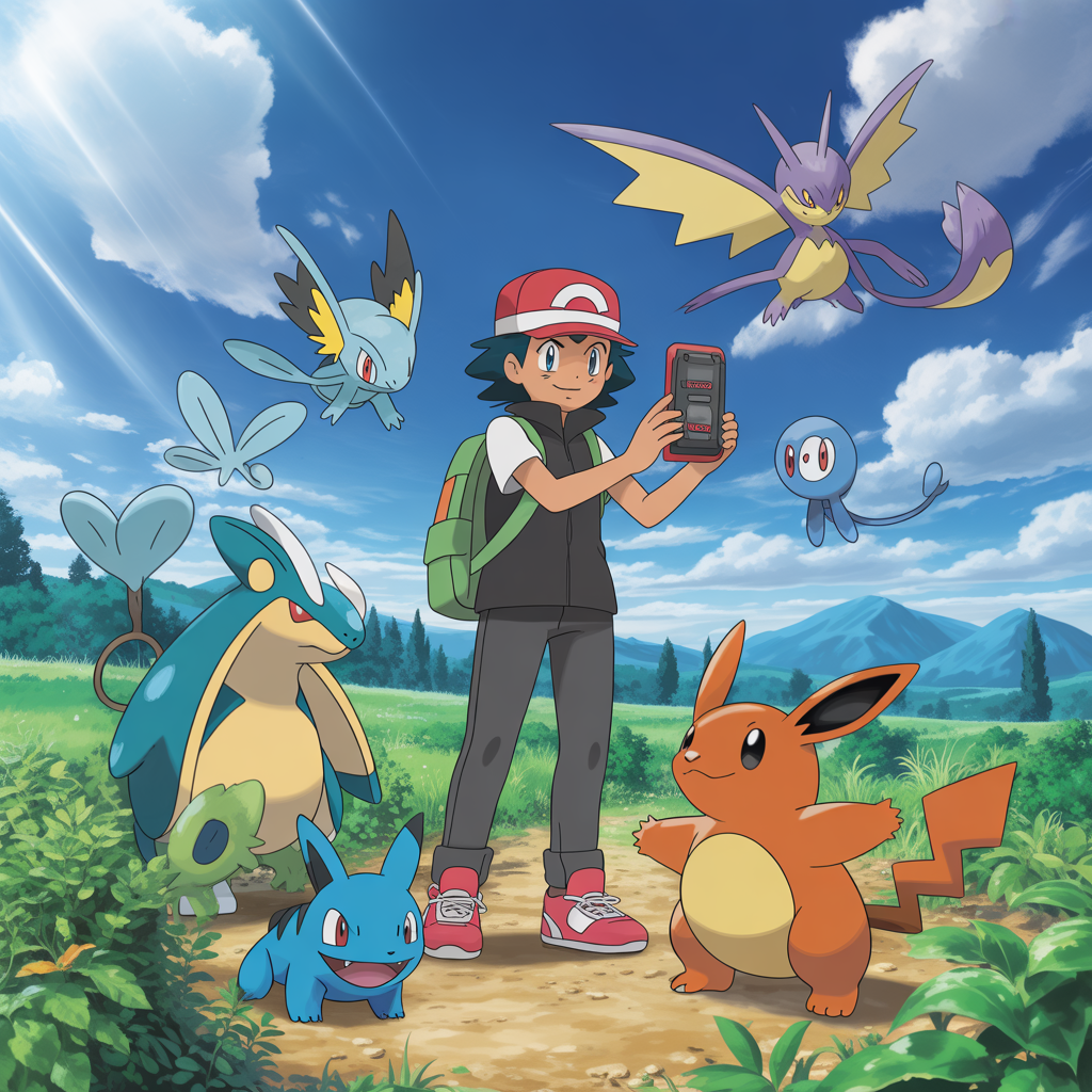 Pokémon Trainer using a digital Pokédex surrounded by Kalos region Pokémon in a natural environment