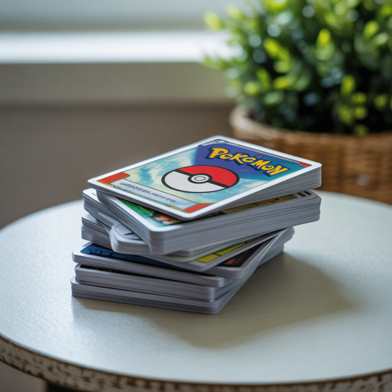 Pile de cartes Pokémon en bon état sur une table simple avec lumière naturelle