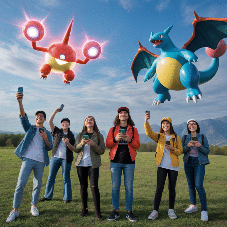 Groupe de dresseurs enthousiastes en extérieur tenant des smartphones, Pokémon Dynamax et Gigantamax rares brillant dans le ciel