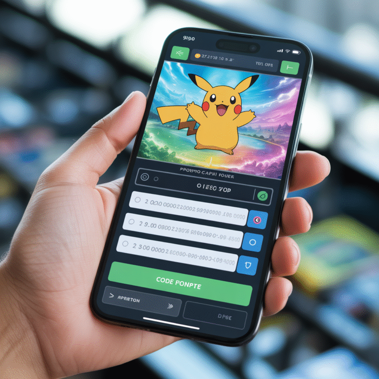 Main tenant un smartphone montrant une interface de jeu de cartes Pokémon avec champs de saisie et boutons, style photoréaliste