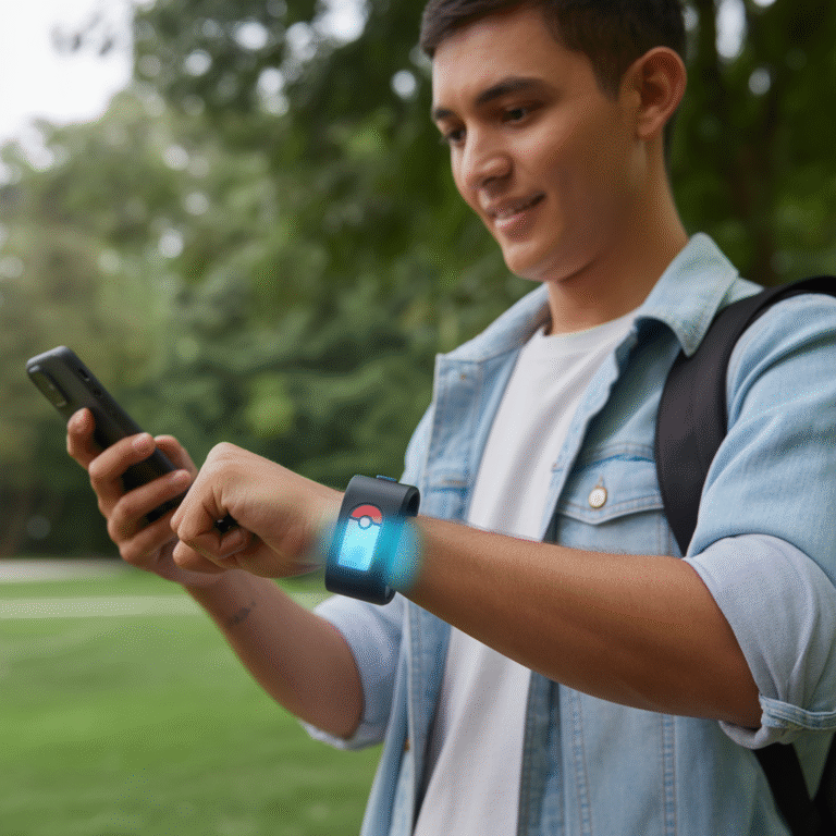 Personne en extérieur tenant un smartphone avec l'accessoire Pokémon Go Plus lumineux au poignet