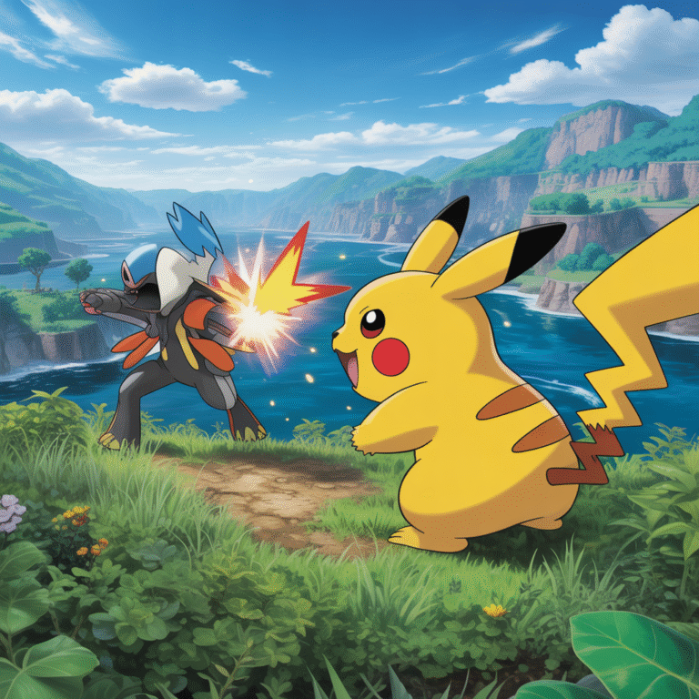 Pikachu forme régionale affrontant un autre Pokémon dans un environnement luxuriant inspiré de Kalos, style photoréaliste