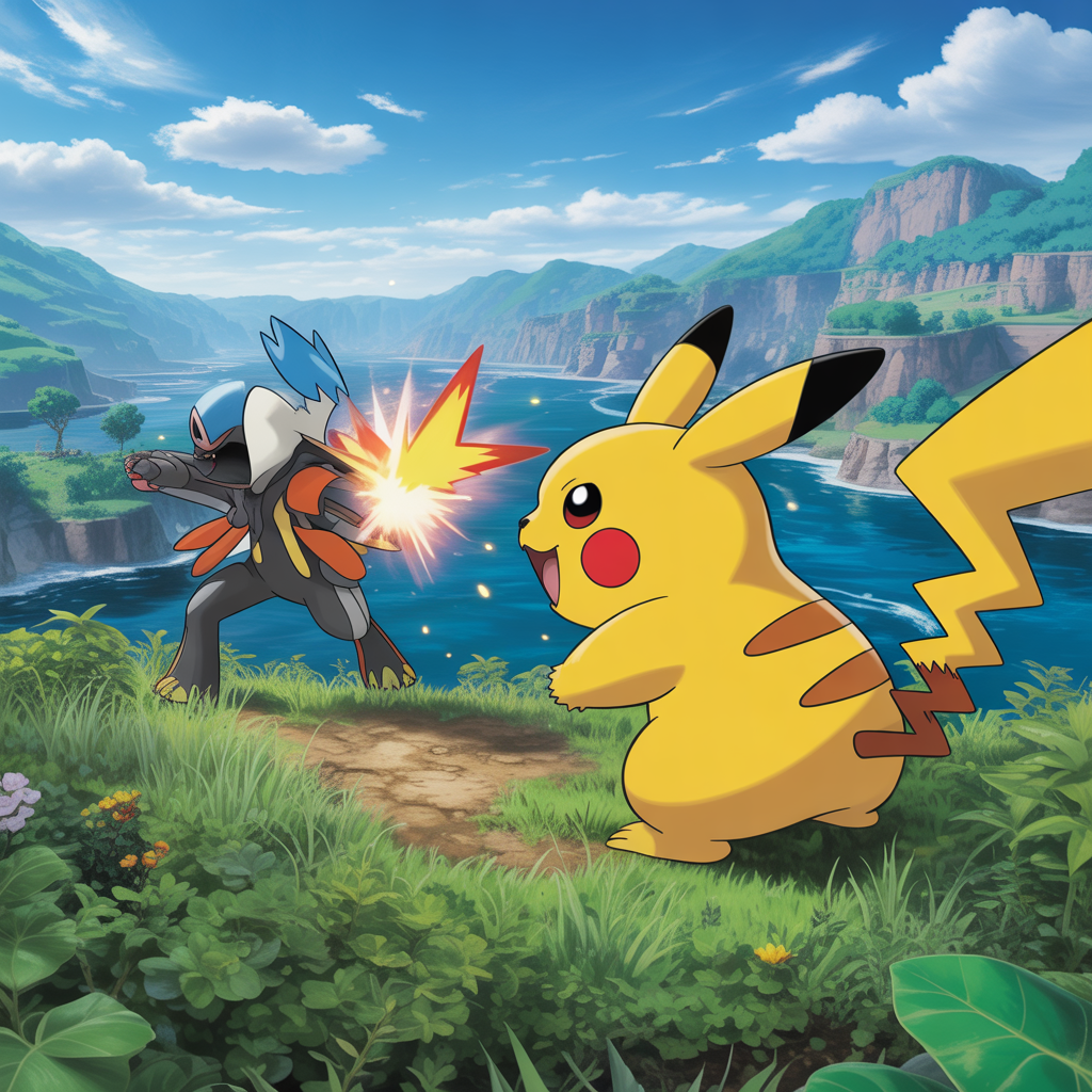 Pikachu forme régionale affrontant un autre Pokémon dans un environnement luxuriant inspiré de Kalos, style photoréaliste