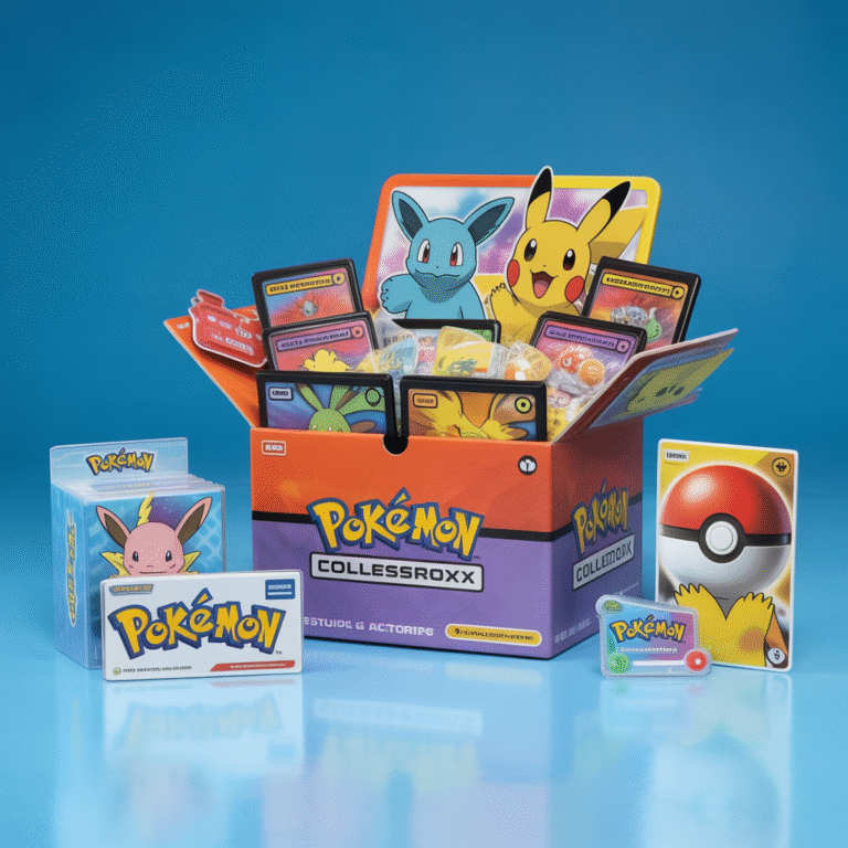 Boîte collector Pokémon colorée avec boosters, cartes promo exclusives et accessoires officiels en studio