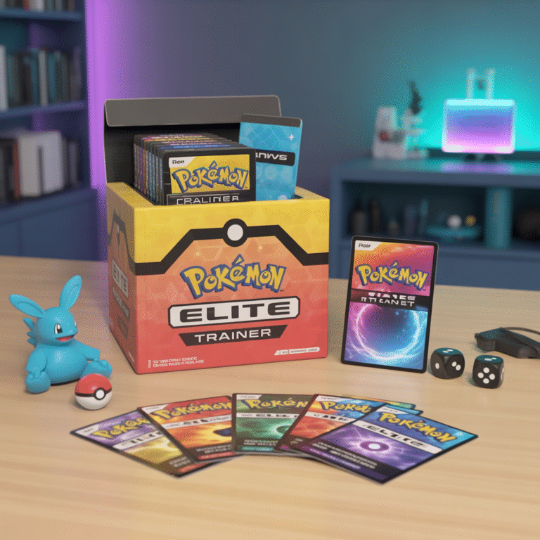 Boîte Elite Trainer Pokémon avec boosters, protège-cartes, dés et carte promo sur une table