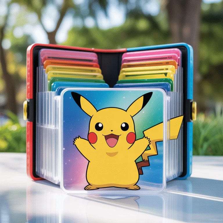 Pokémon card binder open displaying transparent sleeves with vibrant Pikachu Rainbow cards