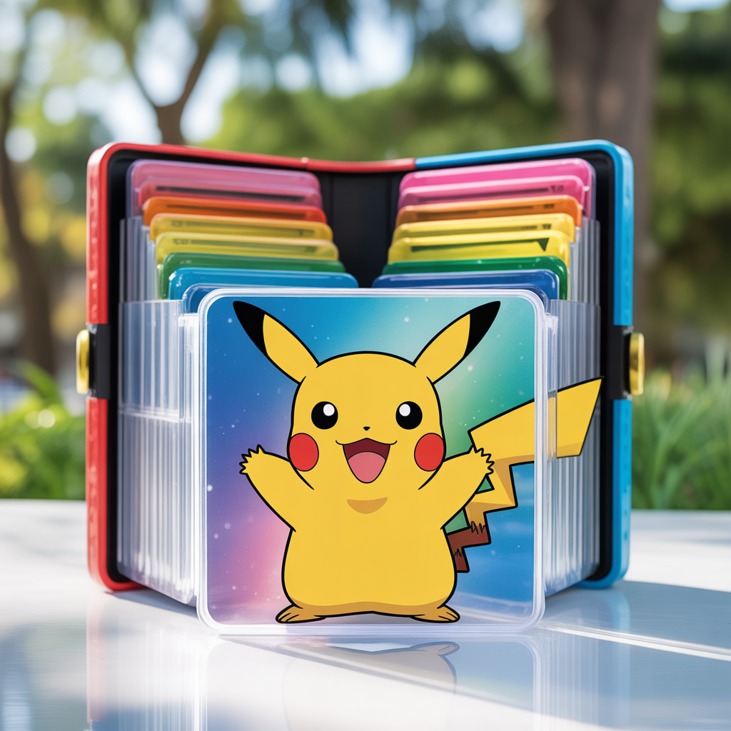 Pokémon card binder open displaying transparent sleeves with vibrant Pikachu Rainbow cards