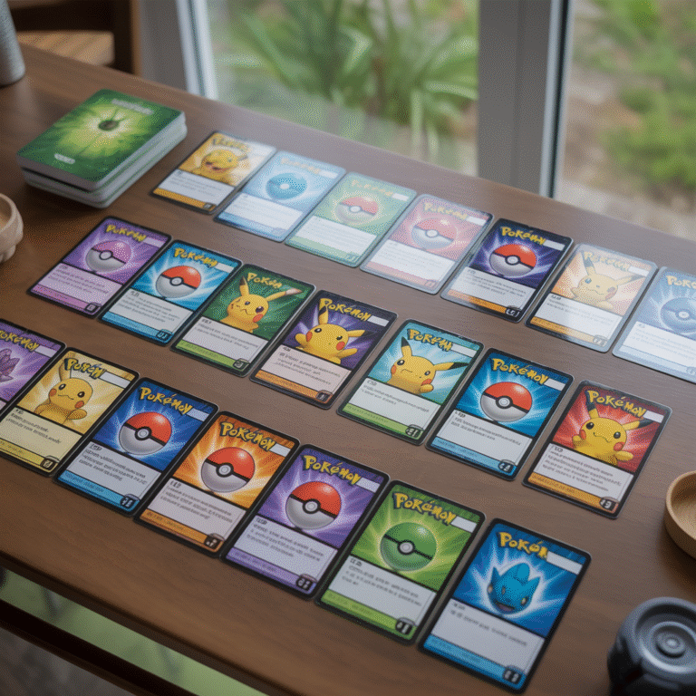Deck Pokémon TCG équilibré avec cartes Pokémon, Énergie et Dresseur sur une table en bois sous lumière naturelle