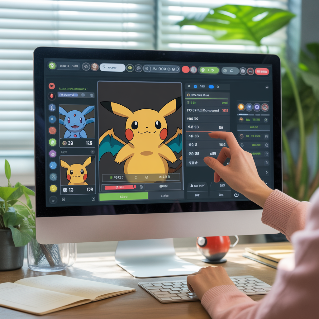 Écran d’ordinateur montrant une interface de création de carte Pokémon avec illustrations et statistiques personnalisées, utilisateur interagissant dans un espace de travail moderne et bien éclairé