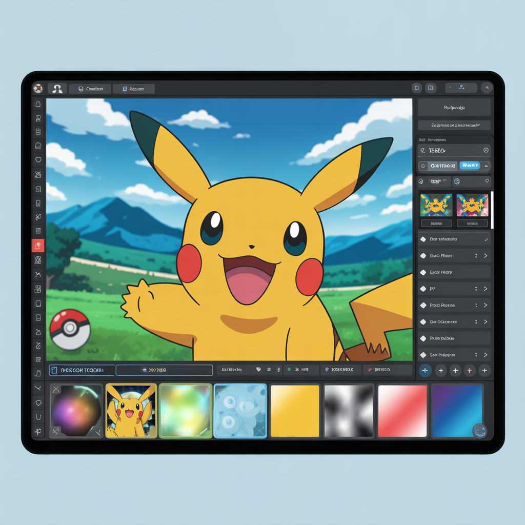 Écran d’ordinateur montrant un logiciel de création de cartes Pokémon avec effets et autocollants