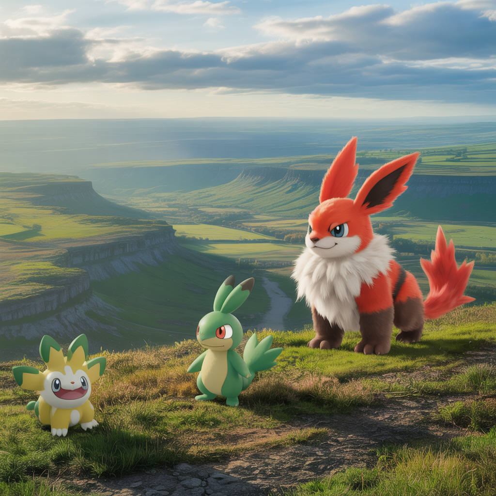 Paysage de la région de Galar inspiré du Royaume-Uni avec stades Pokémon gigantesques, Grookey, Scorbunny, Sobble en poses naturelles dans une ambiance médiévale arthurienne