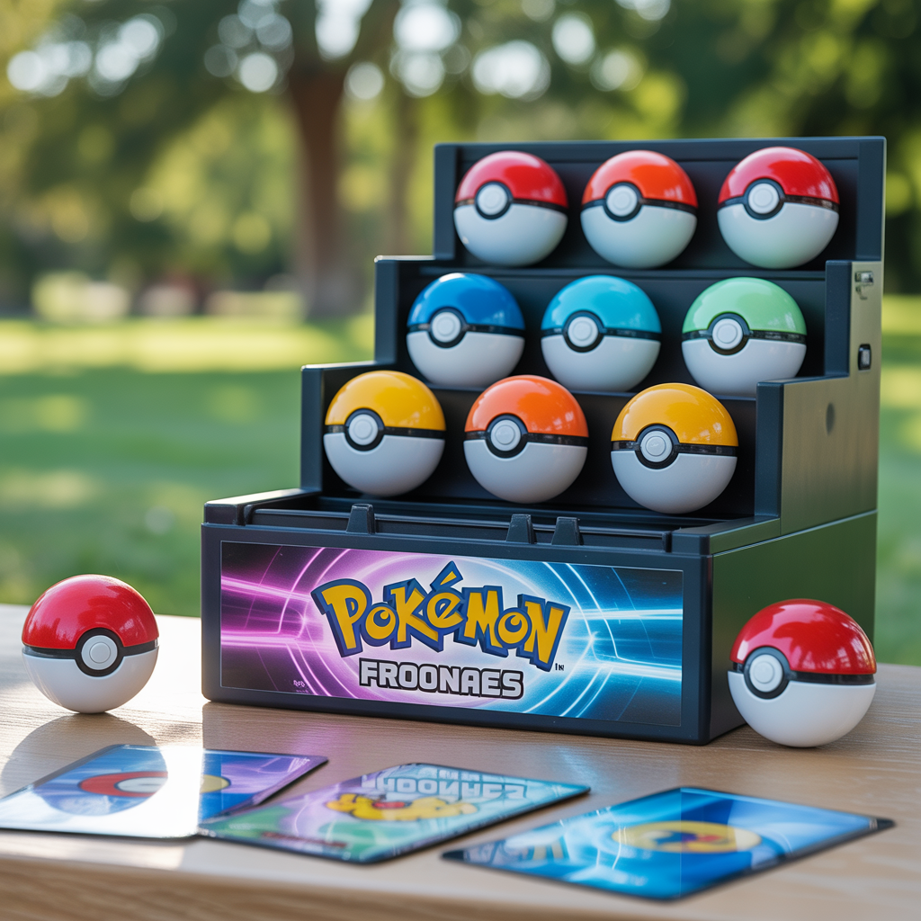 Display Pokémon français ouvert avec boosters alignés, cartes holographiques et Poké Balls sous éclairage naturel
